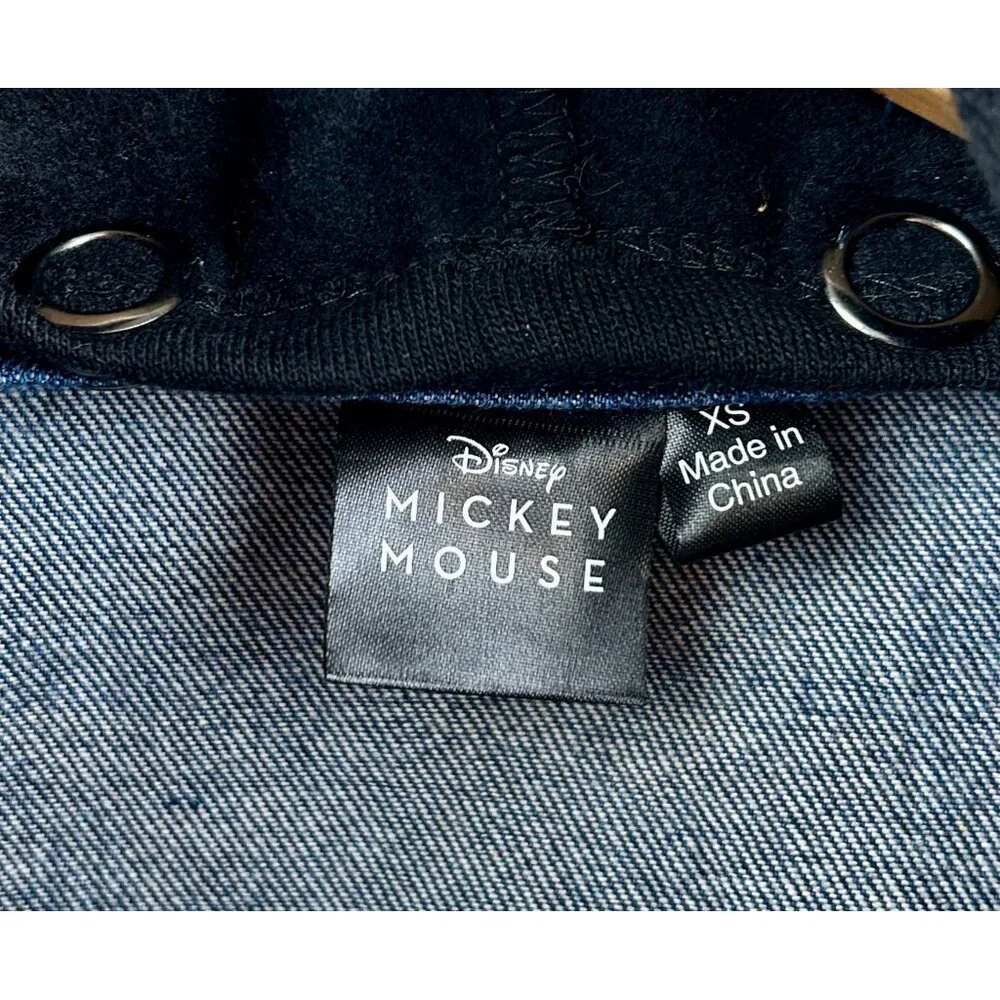 Disney‎ Mickey Mouse Jean Jacket Womens XS Blue Denim Hooded Embroidered Patch